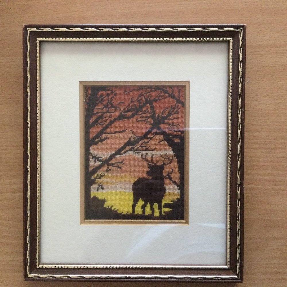 Professionally framed needlepoint petit point embroidery wall art deer s…